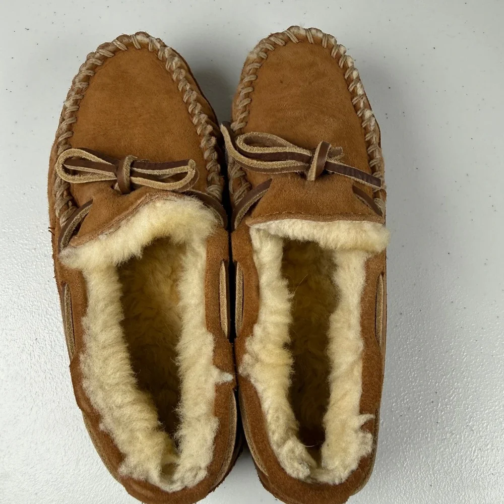LL Bean Kids 5 Wicked Good Moccasin Slippers Brown Suede Shearling Cozy Gorpcore